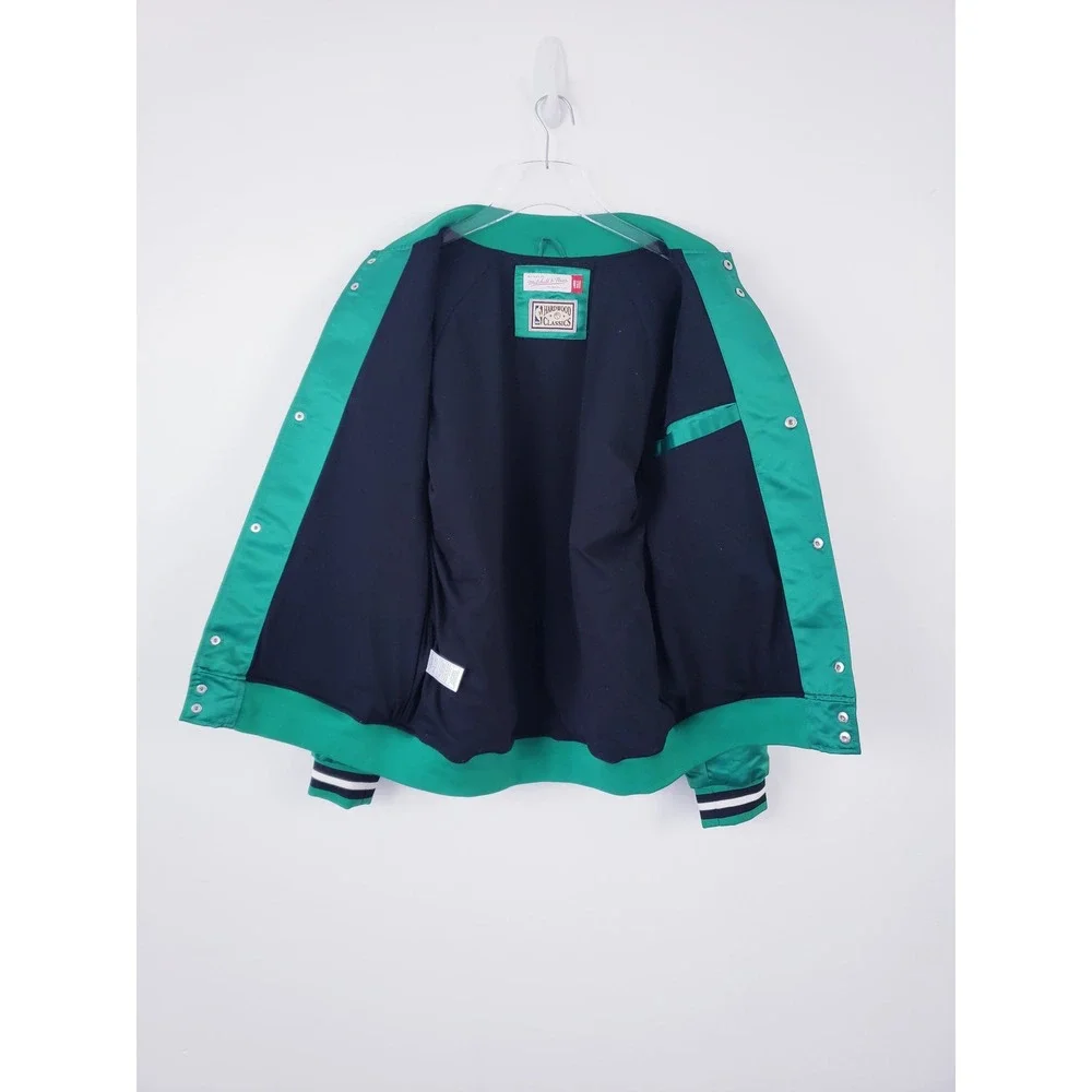 Boston Celtics Satin Varsity Jacket Green Snap Front Mitchell & Ness Mens Large